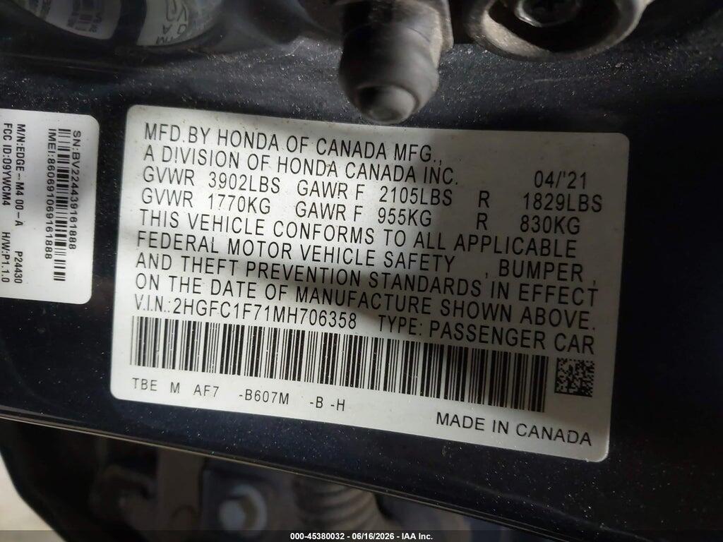 2HGFC1F71MH706358 2021 HONDA CIVIC photo no. 9