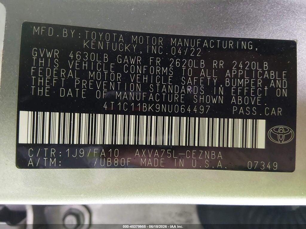 4T1C11BK9NU064497 2022 TOYOTA CAMRY photo no. 9