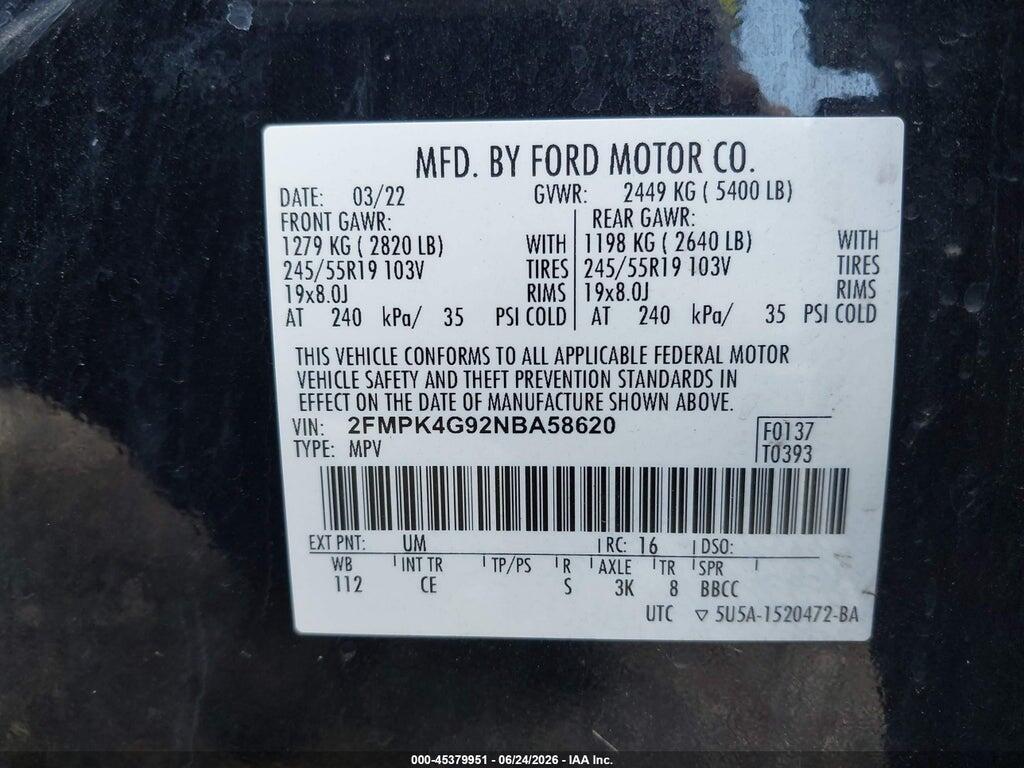 2FMPK4G92NBA58620 2022 FORD EDGE photo no. 9