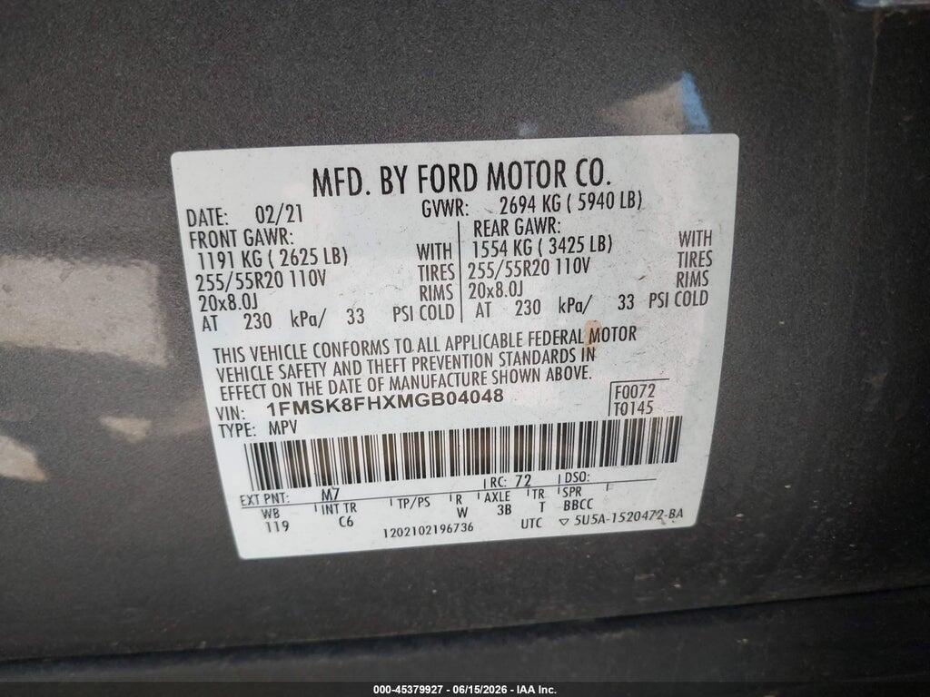 1FMSK8FHXMGB04048 2021 FORD EXPLORER photo no. 9