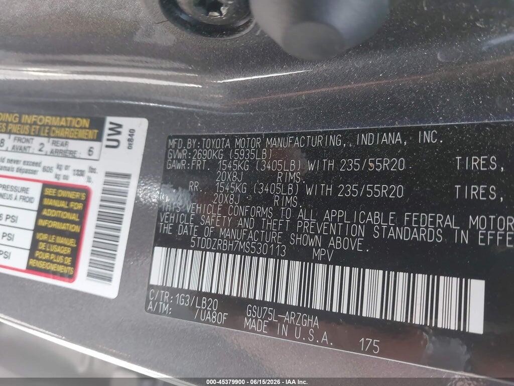 5TDDZRBH7MS530113 2021 TOYOTA HIGHLANDER photo no. 9