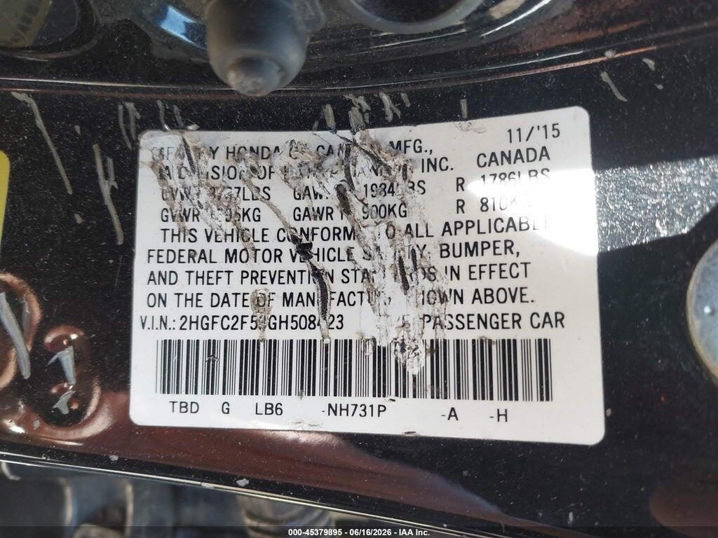 2HGFC2F53GH508423 2016 HONDA CIVIC photo no. 9