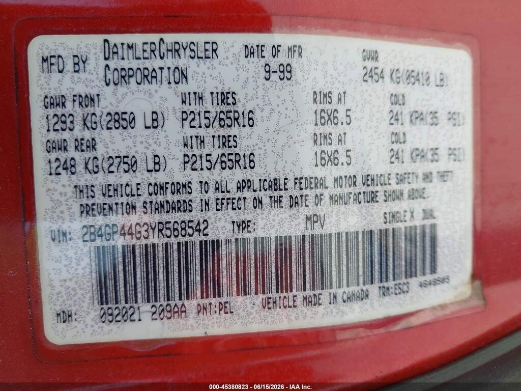 2B4GP44G3YR568542 2000 DODGE GRAND CARAVAN photo no. 9