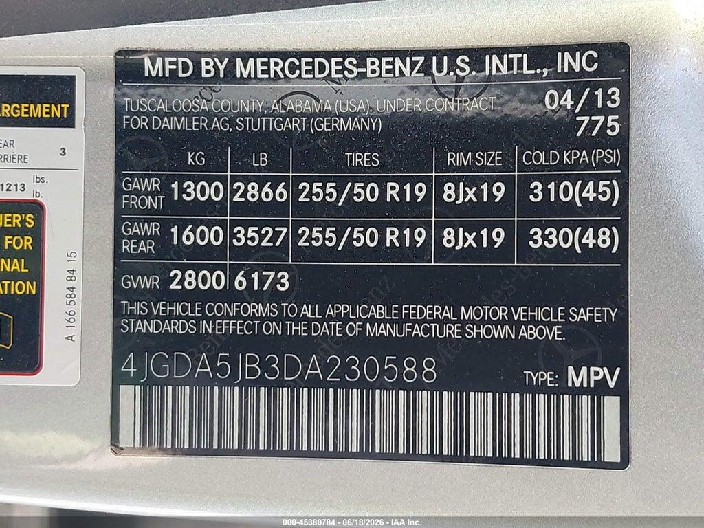 4JGDA5JB3DA230588 2013 MERCEDES-BENZ ML 350 photo no. 9