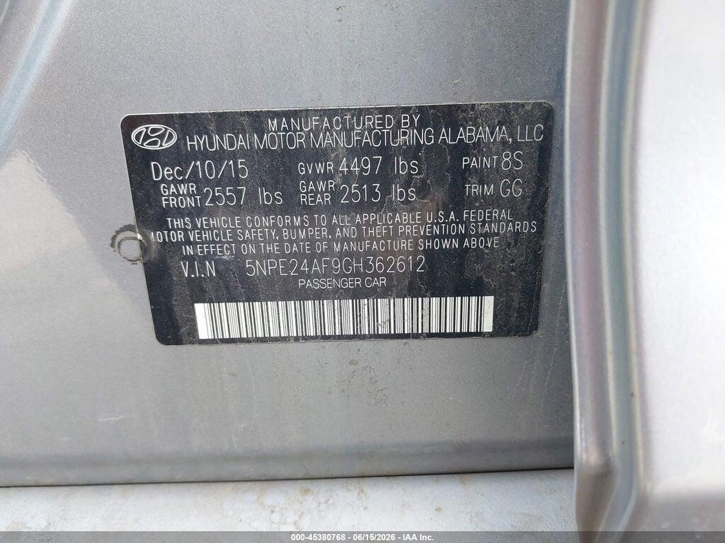 5NPE24AF9GH362612 2016 HYUNDAI SONATA photo no. 9
