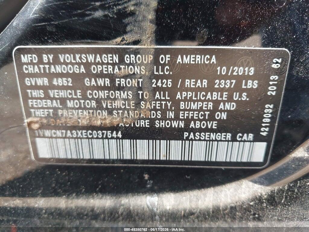 1VWCN7A3XEC037544 2014 VOLKSWAGEN PASSAT photo no. 9