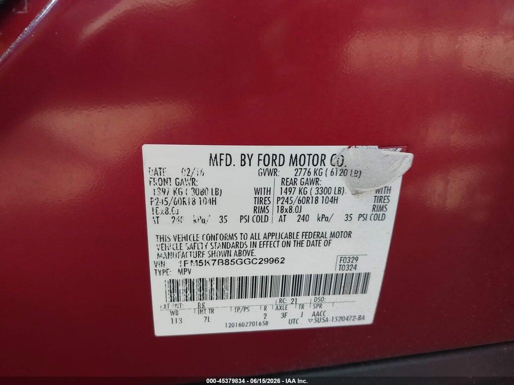 1FM5K7B85GGC29962 2016 FORD EXPLORER photo no. 9