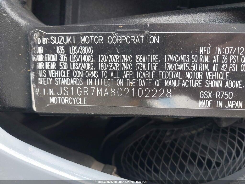 JS1GR7MA8C2102228 2012 SUZUKI GSX750 photo no. 10