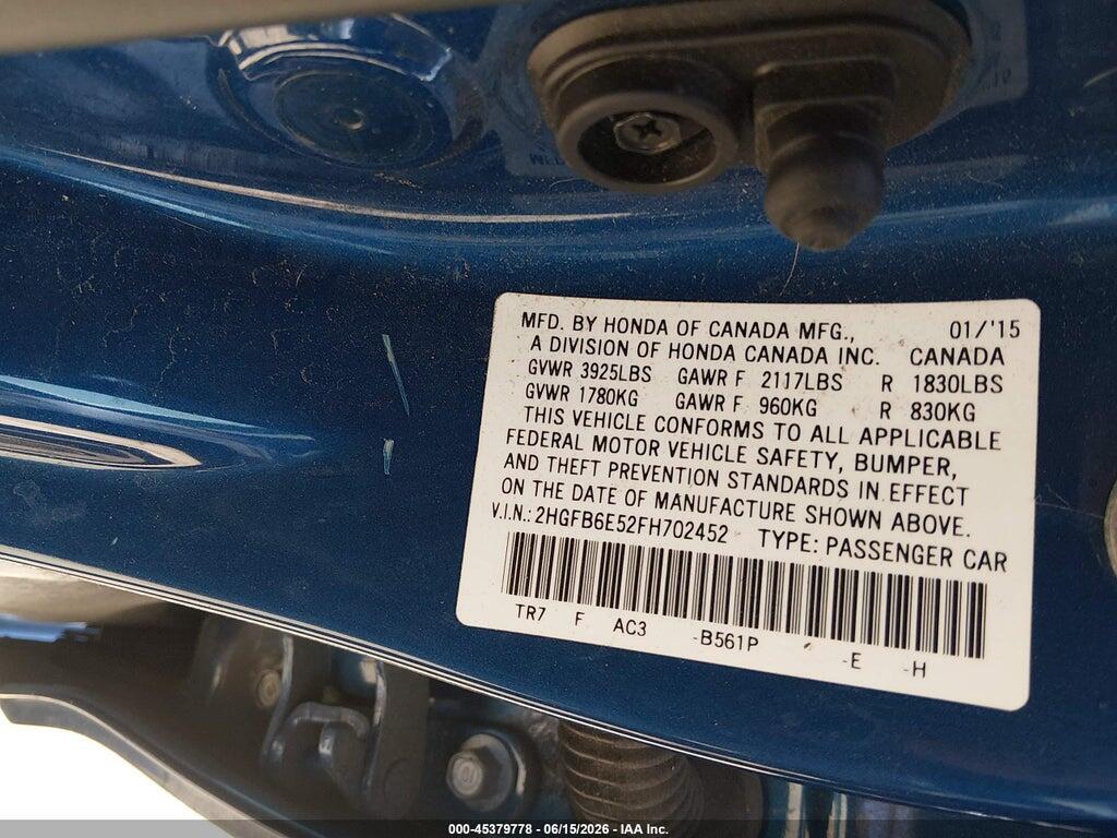 2HGFB6E52FH702452 2015 HONDA CIVIC photo no. 9