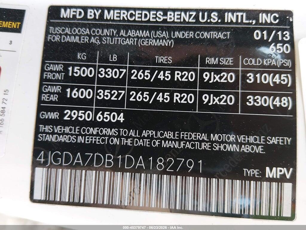 4JGDA7DB1DA182791 2013 MERCEDES-BENZ ML 550 photo no. 9