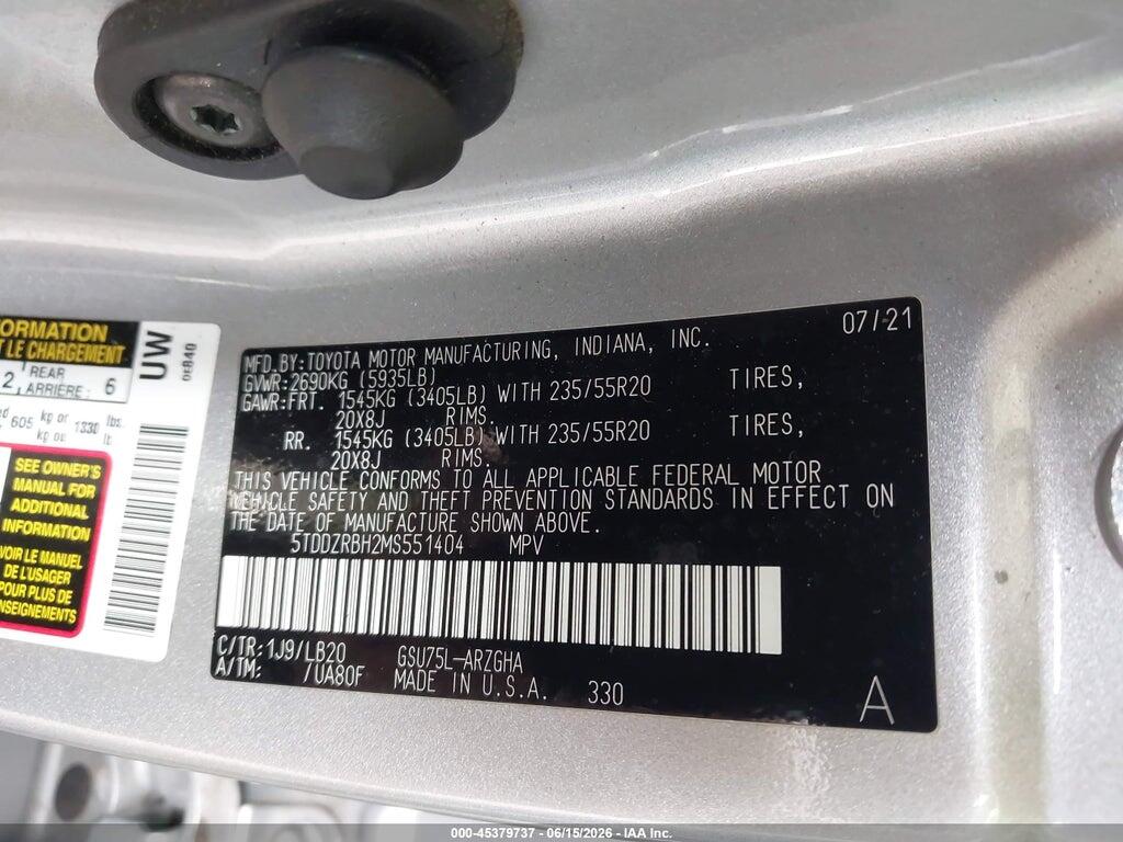 5TDDZRBH2MS551404 2021 TOYOTA HIGHLANDER photo no. 9
