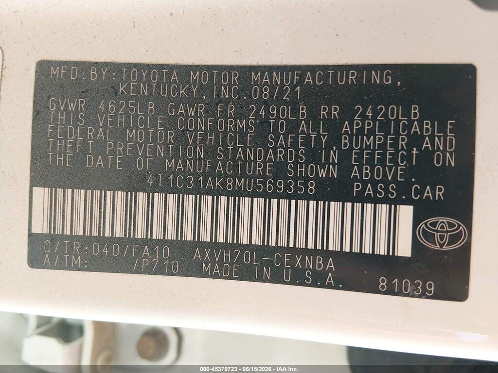 4T1C31AK8MU569358 2021 TOYOTA CAMRY photo no. 9