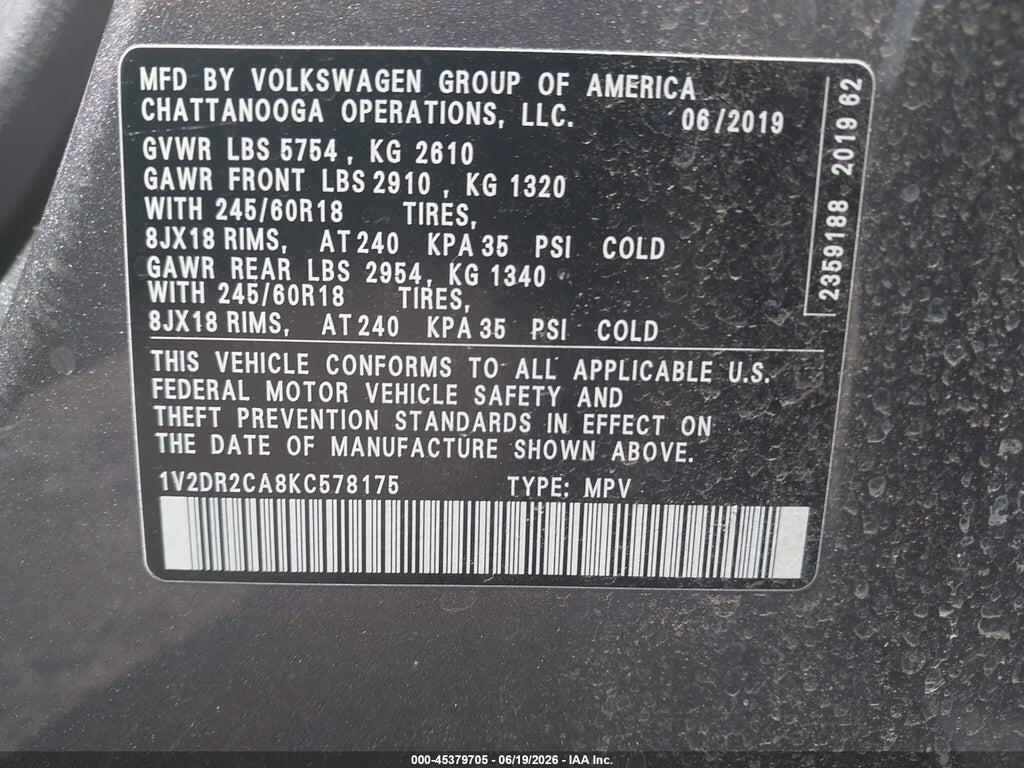 1V2DR2CA8KC578175 2019 VOLKSWAGEN ATLAS photo no. 9
