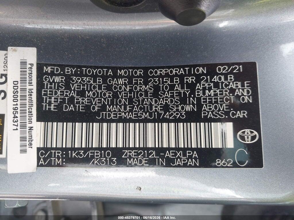 JTDEPMAE5MJ174293 2021 TOYOTA COROLLA photo no. 9