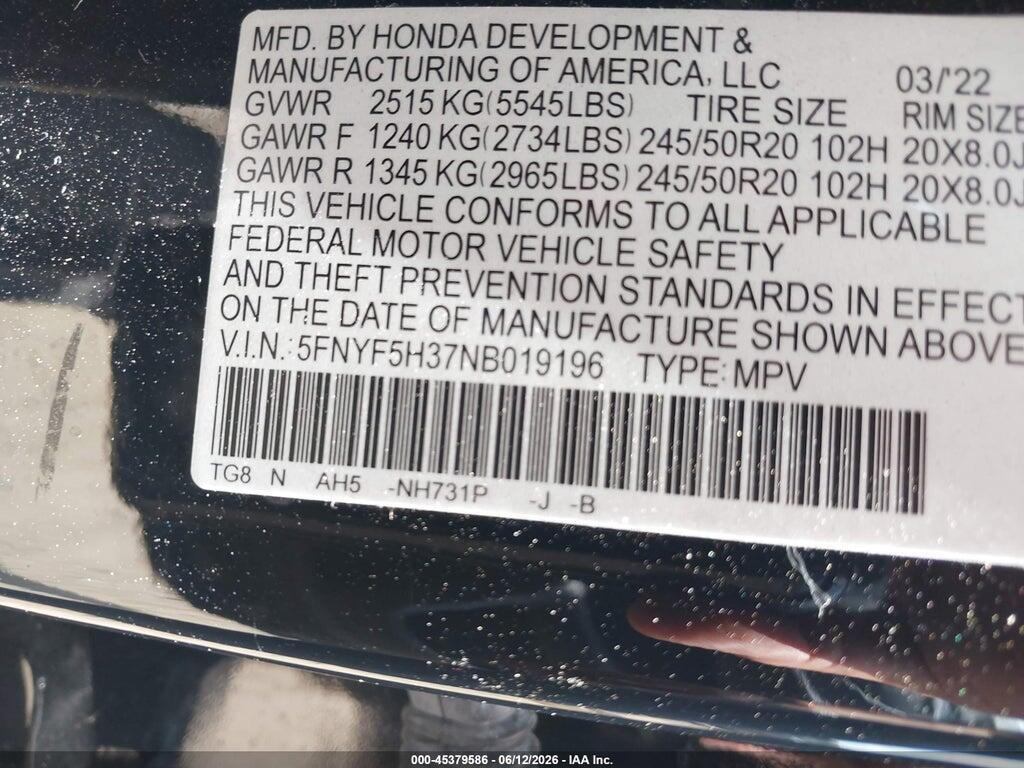 5FNYF5H37NB019196 2022 HONDA PILOT photo no. 9