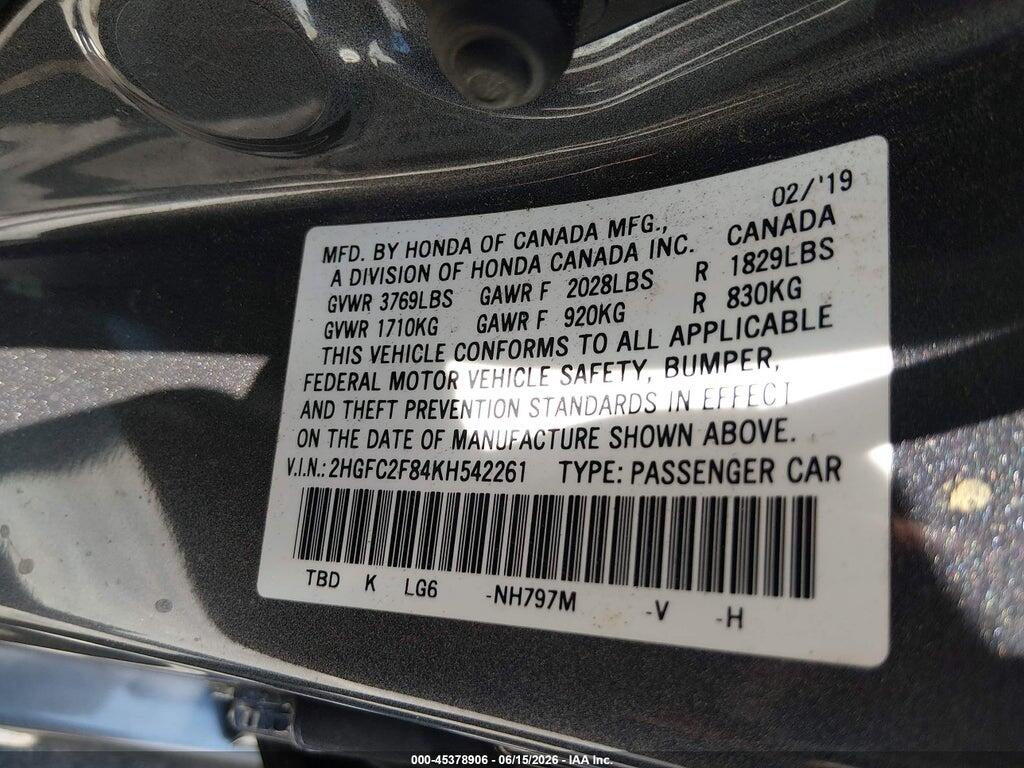 2HGFC2F84KH542261 2019 HONDA CIVIC photo no. 9