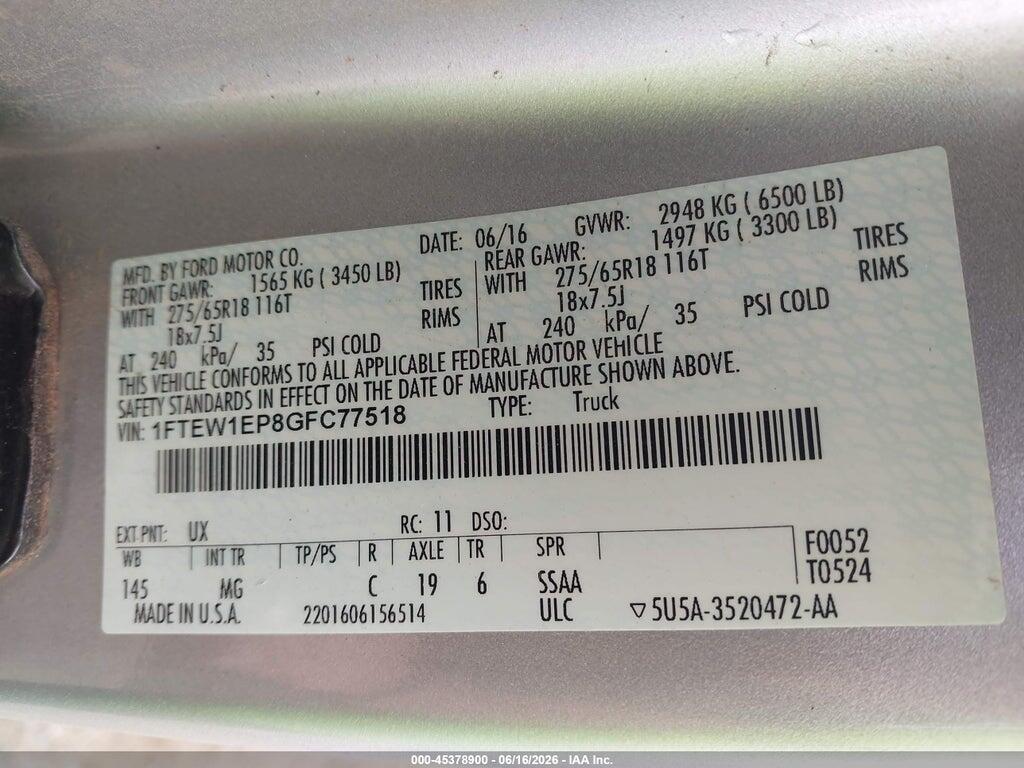 1FTEW1EP8GFC77518 2016 FORD F-150 photo no. 9
