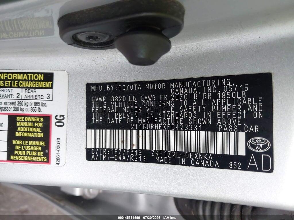 2T1BURHEXFC423331 2015 TOYOTA COROLLA photo no. 9