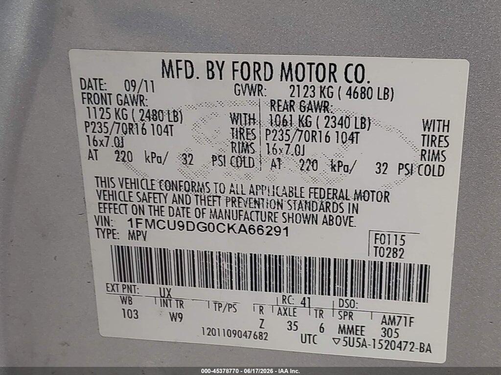 1FMCU9DG0CKA66291 2012 FORD ESCAPE photo no. 9