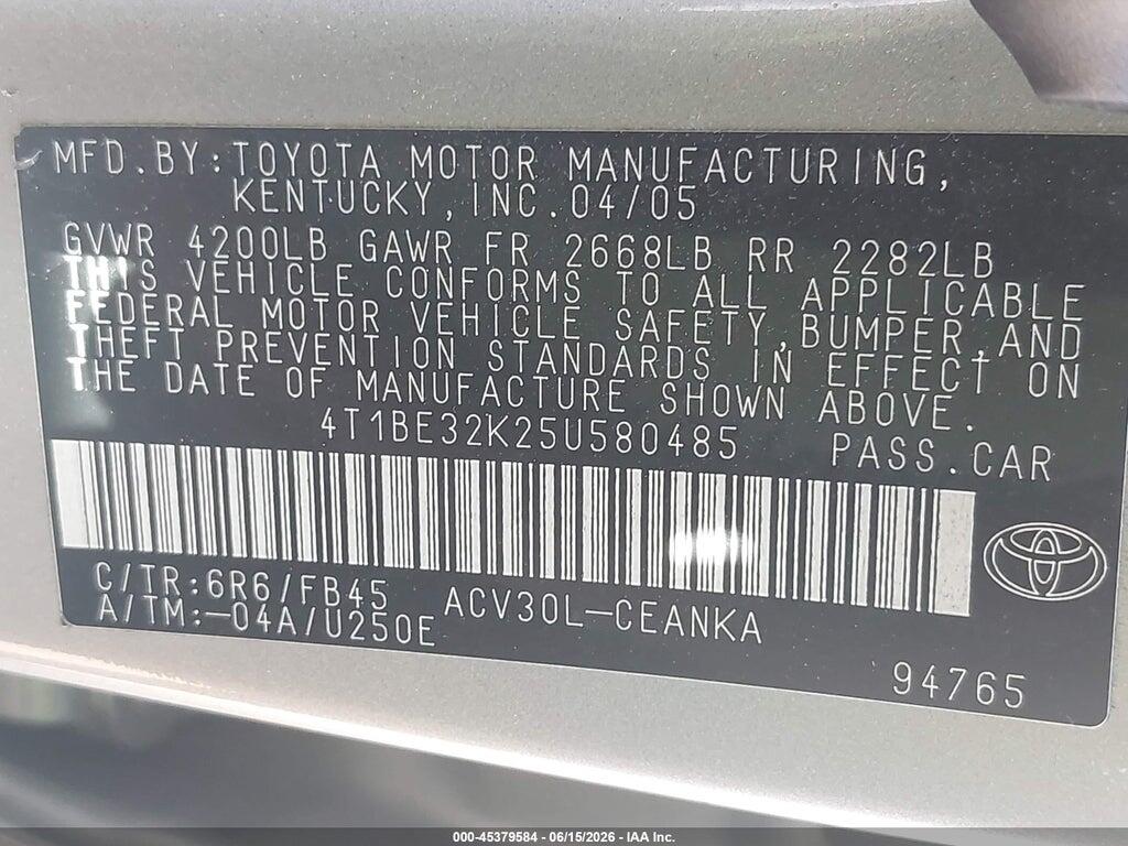 4T1BE32K25U580485 2005 TOYOTA CAMRY photo no. 9