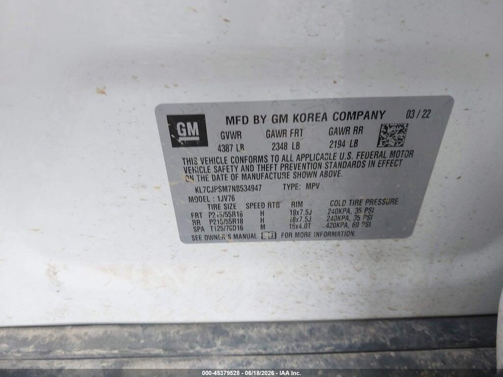 KL7CJPSM7NB534947 2022 CHEVROLET TRAX photo no. 9
