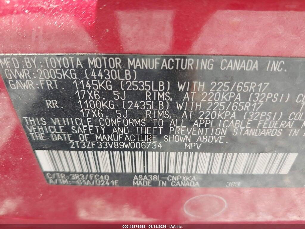 2T3ZF33V89W006734 2009 TOYOTA RAV4 photo no. 9