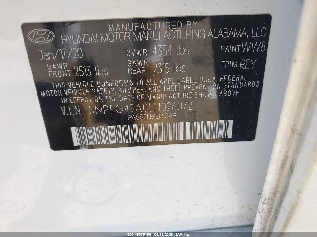 5NPEG4JA0LH026072 2020 HYUNDAI SONATA photo no. 9
