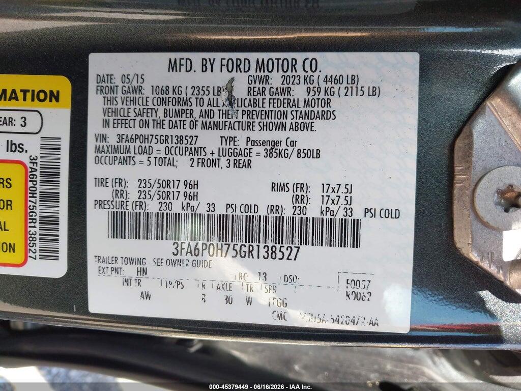 3FA6P0H75GR138527 2016 FORD FUSION photo no. 9