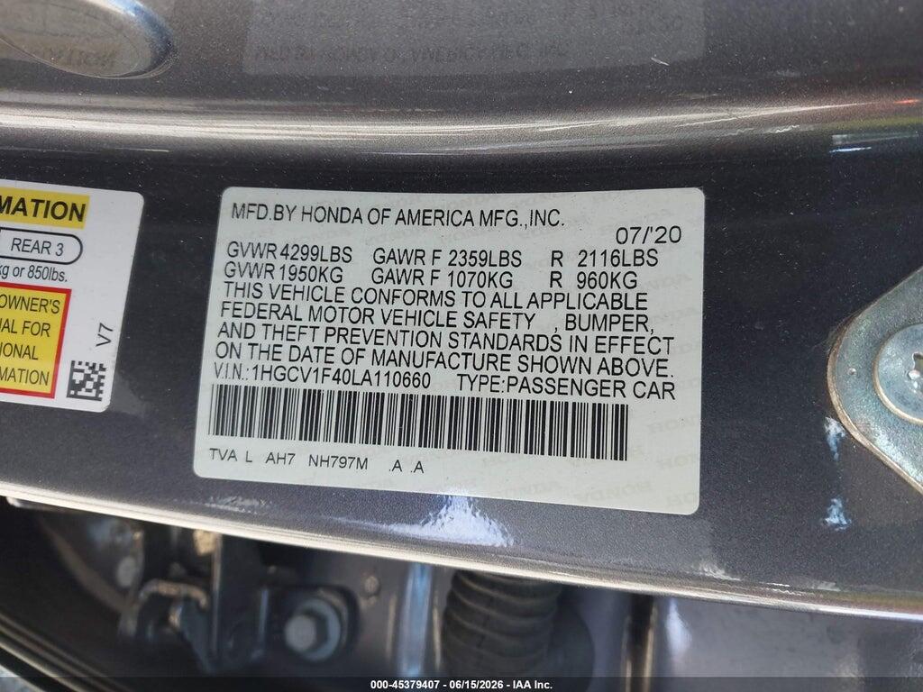 1HGCV1F40LA110660 2020 HONDA ACCORD photo no. 9