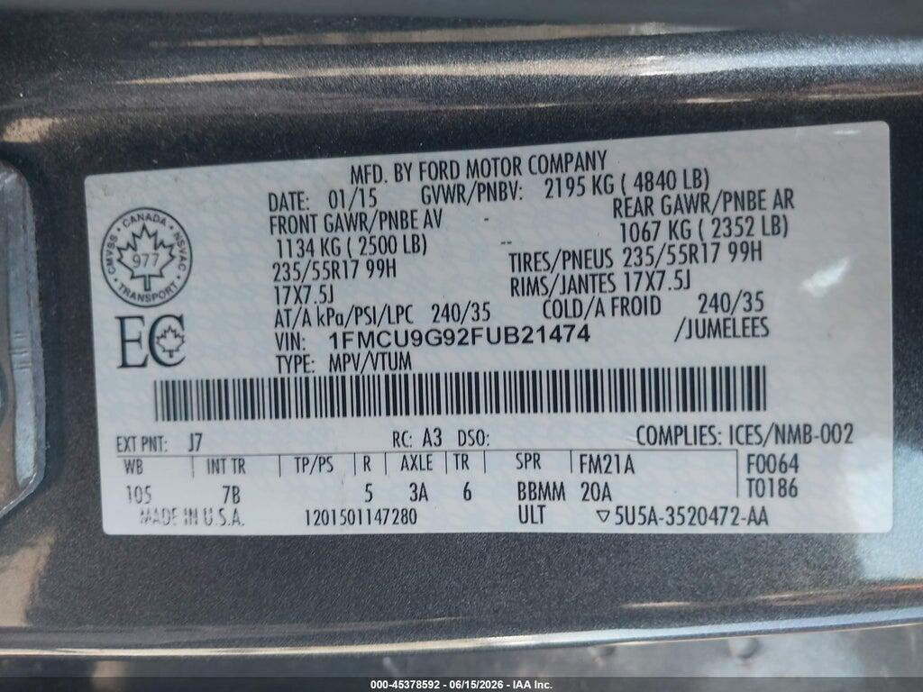 1FMCU9G92FUB21474 2015 FORD ESCAPE photo no. 9