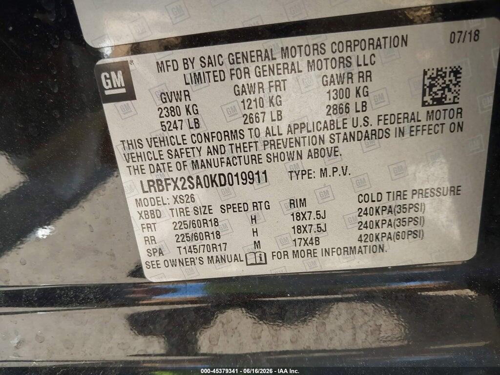 LRBFX2SA0KD019911 2019 BUICK ENVISION photo no. 9