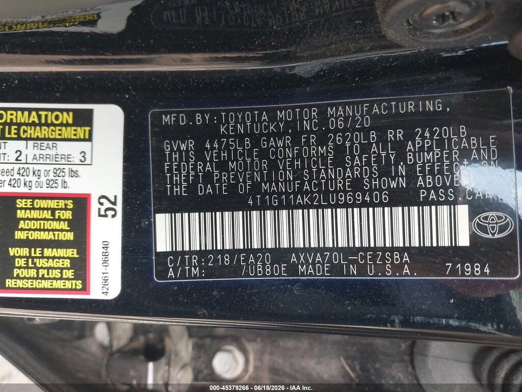 4T1G11AK2LU969406 2020 TOYOTA CAMRY photo no. 9