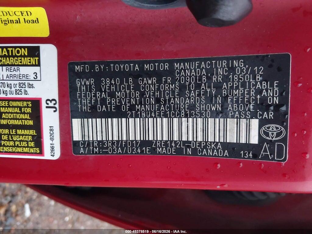 2T1BU4EE1CC813530 2012 TOYOTA COROLLA photo no. 9
