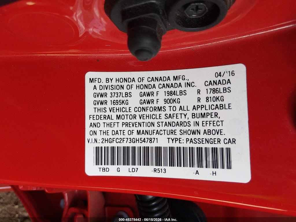 2HGFC2F73GH547871 2016 HONDA CIVIC photo no. 9