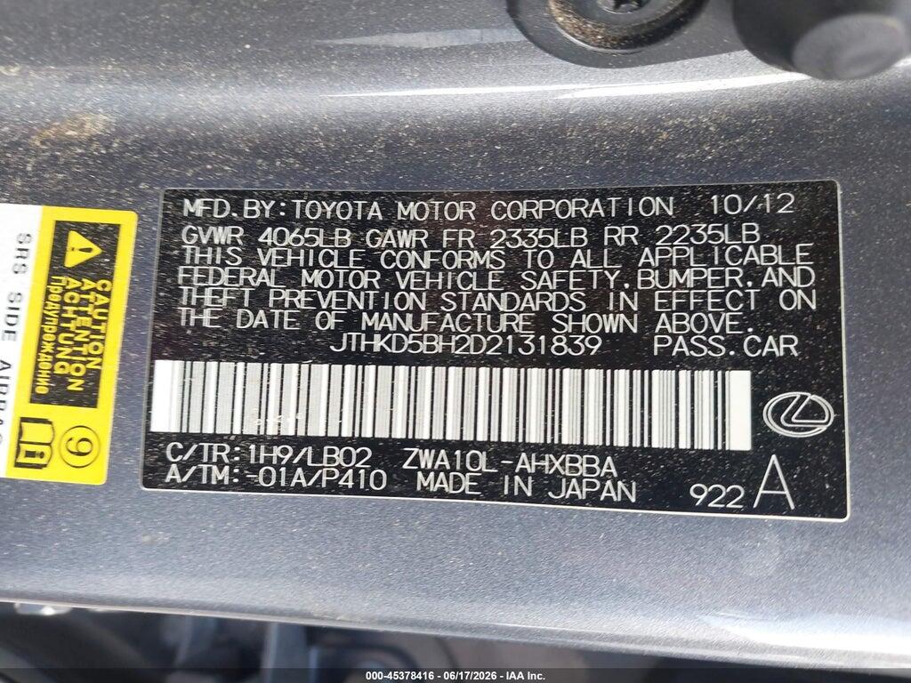JTHKD5BH2D2131839 2013 LEXUS CT 200H photo no. 9