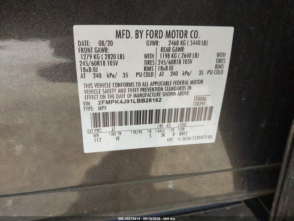 2FMPK4J91LBB28162 2020 FORD EDGE photo no. 9