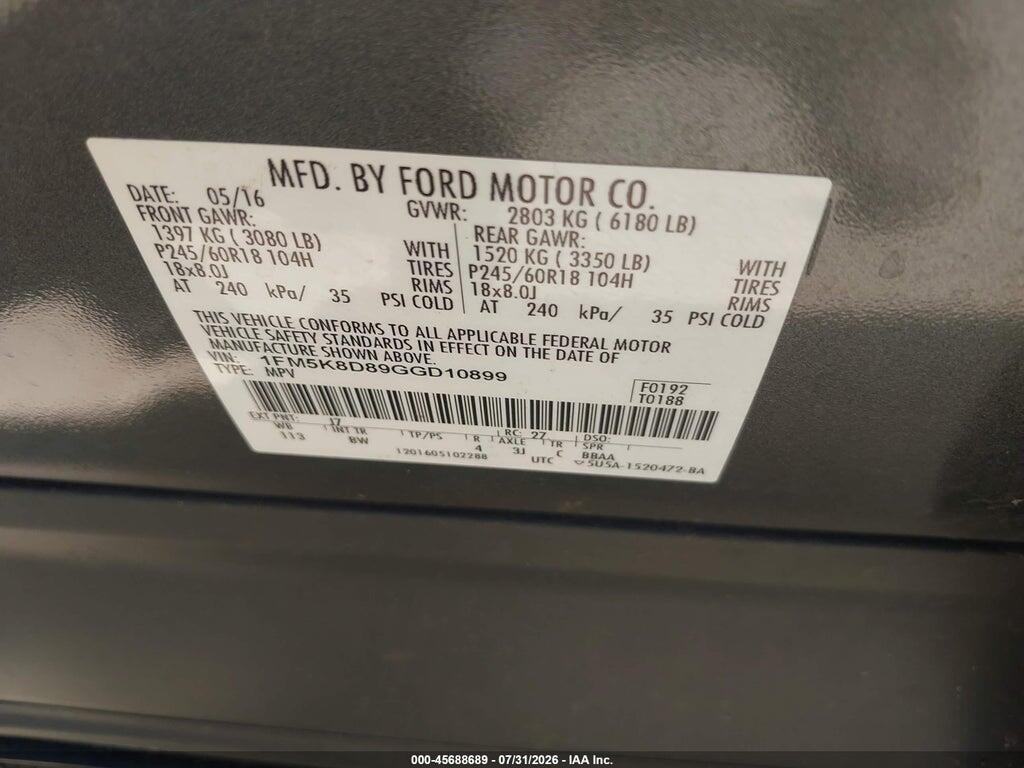 1FM5K8D89GGD10899 2016 FORD EXPLORER photo no. 9