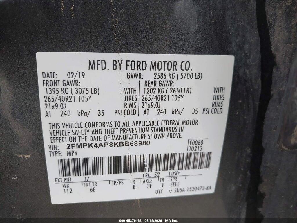 2FMPK4AP8KBB68980 2019 FORD EDGE photo no. 9