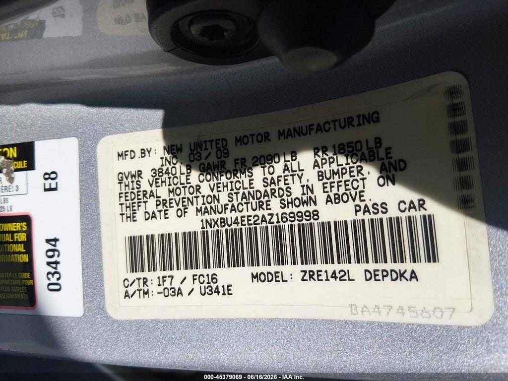1NXBU4EE2AZ169998 2010 TOYOTA COROLLA photo no. 9