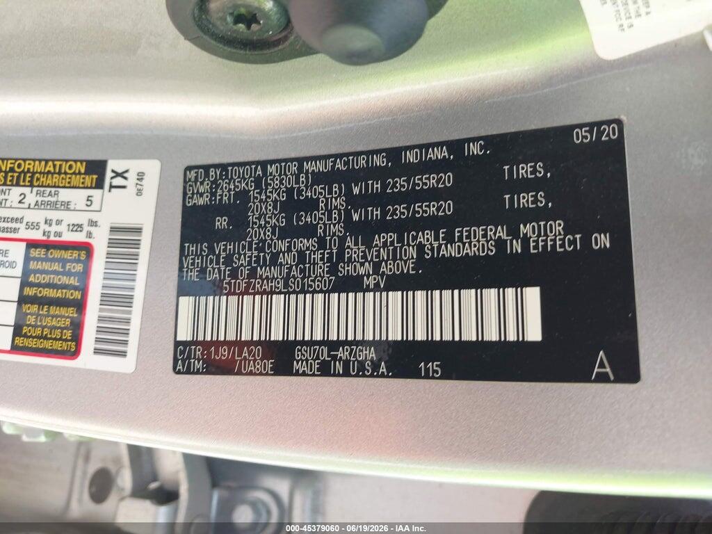5TDFZRAH9LS015607 2020 TOYOTA HIGHLANDER photo no. 9