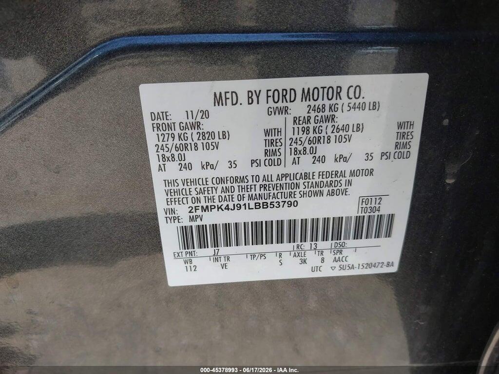 2FMPK4J91LBB53790 2020 FORD EDGE photo no. 9