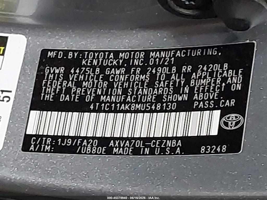 4T1C11AK8MU548130 2021 TOYOTA CAMRY photo no. 9
