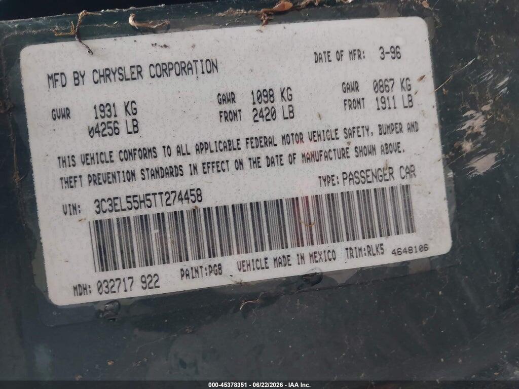 3C3EL55H5TT274458 1996 CHRYSLER SEBRING photo no. 9