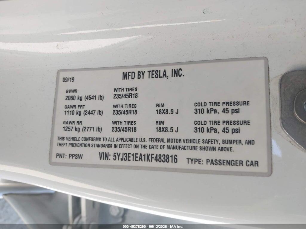 5YJ3E1EA1KF483816 2019 TESLA MODEL 3 photo no. 9