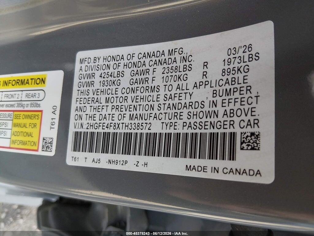 2HGFE4F8XTH338572 2026 HONDA CIVIC HYBRID photo no. 9