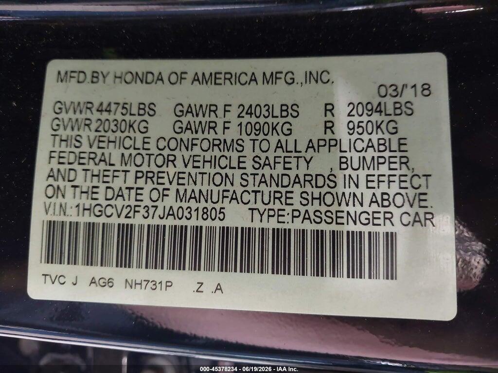 1HGCV2F37JA031805 2018 HONDA ACCORD photo no. 9