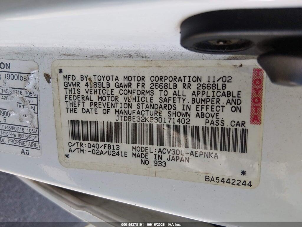 JTDBE32K830171402 2003 TOYOTA CAMRY photo no. 9