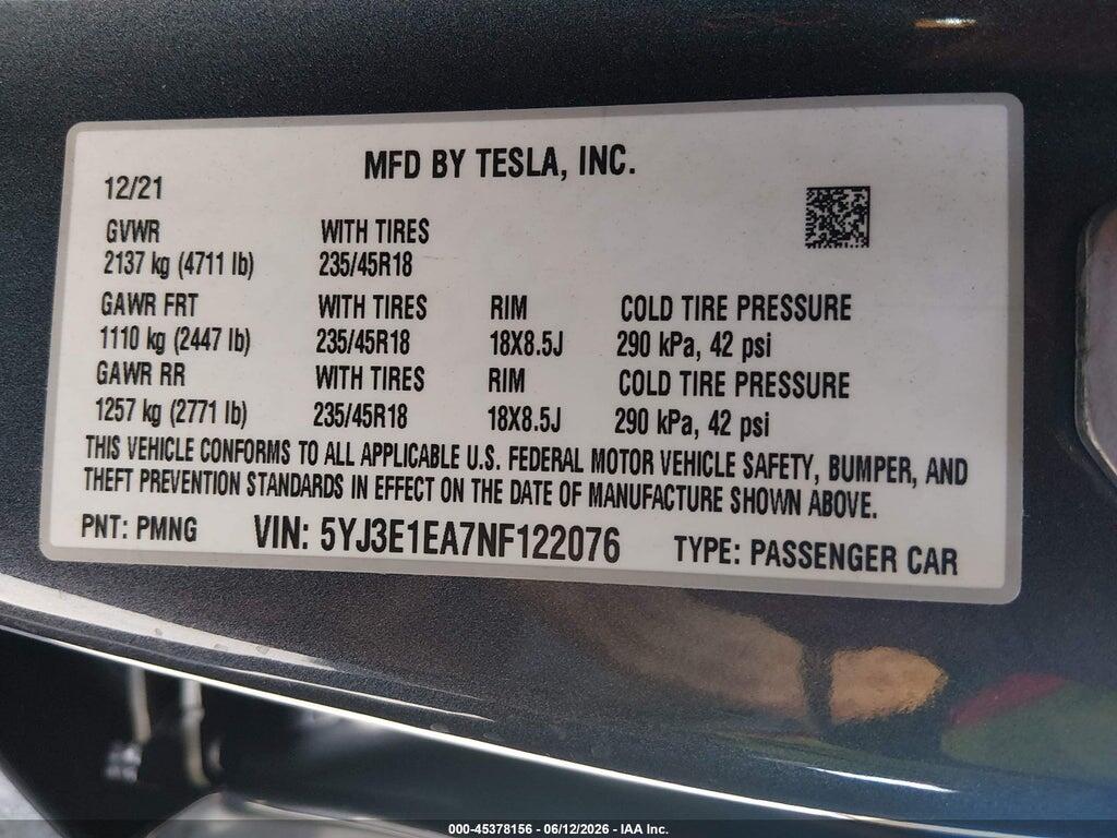 5YJ3E1EA7NF122076 2022 TESLA MODEL 3 photo no. 9