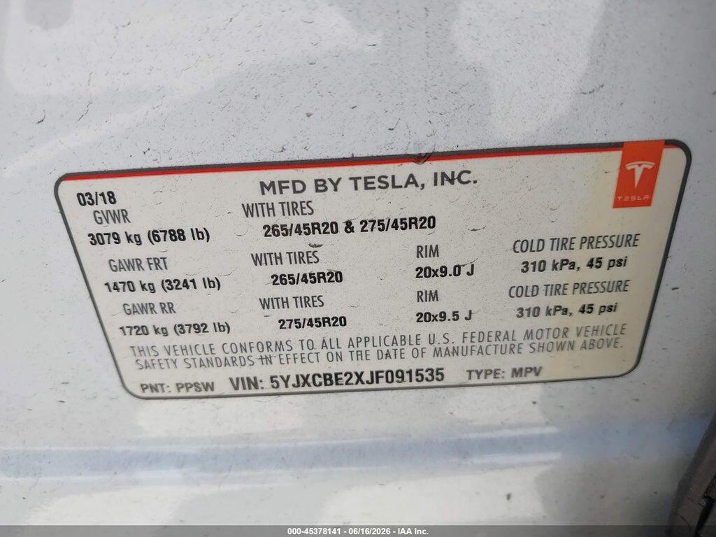 5YJXCBE2XJF091535 2018 TESLA MODEL X photo no. 9