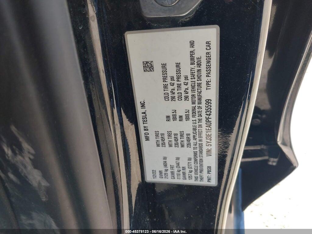 5YJ3E1EA0PF435599 2023 TESLA MODEL 3 photo no. 9